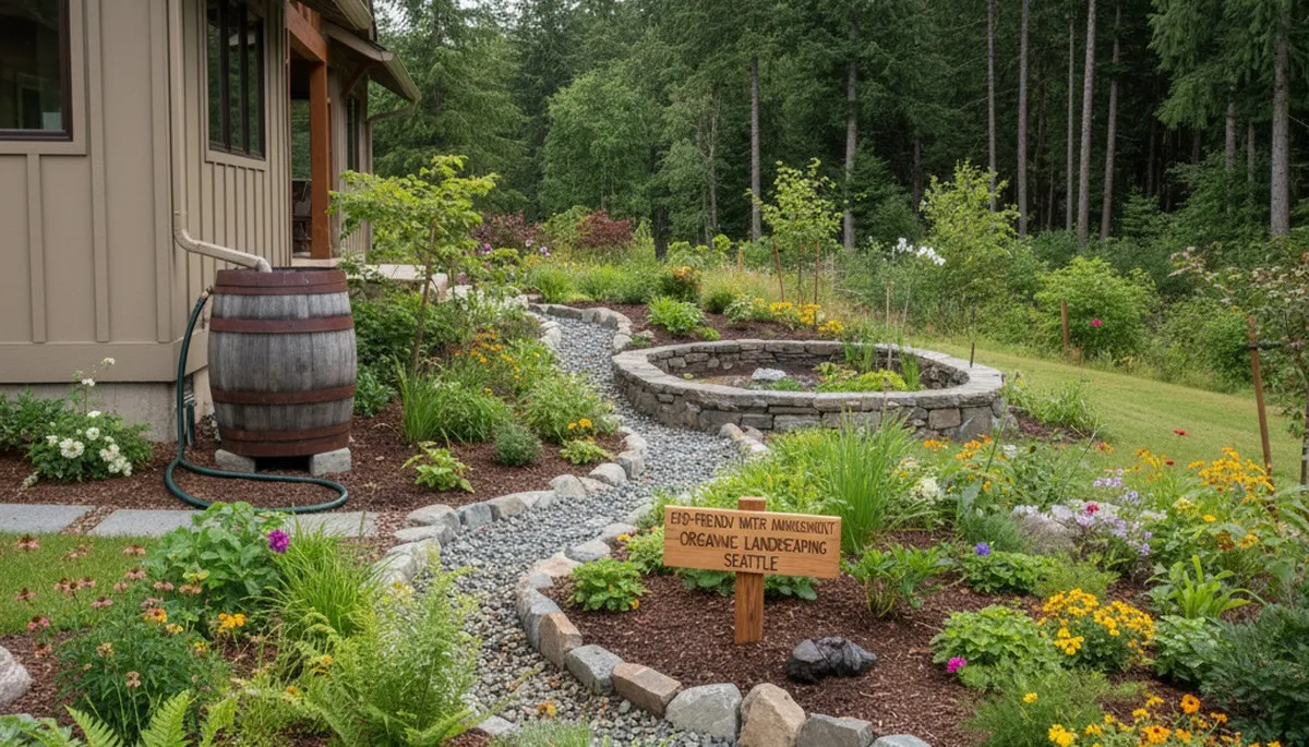 Seattle WA rain garden with native plants showcasing organic landscaping and sustainable water management