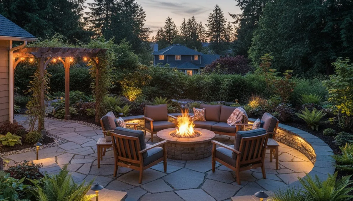 Custom fire pit patio with circular seating and native plants by landscaping experts in Seattle, WA