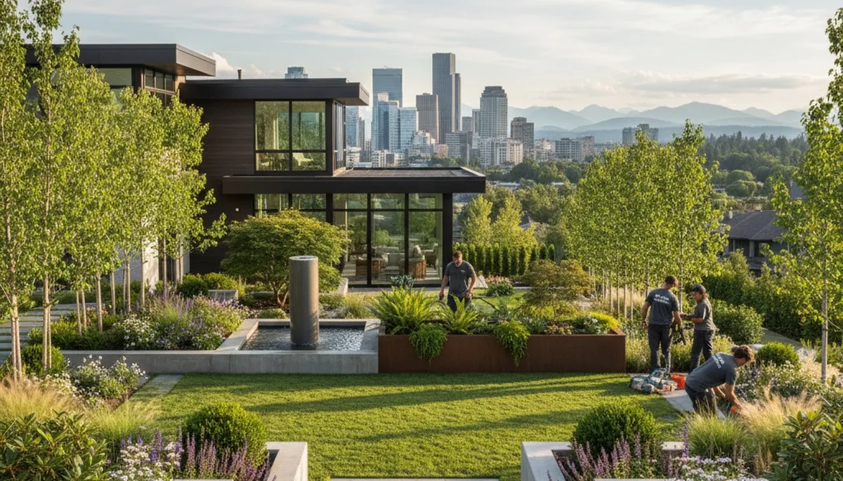 Seattle, WA landscaping service team maintaining a residential yard with professional lawn care equipment