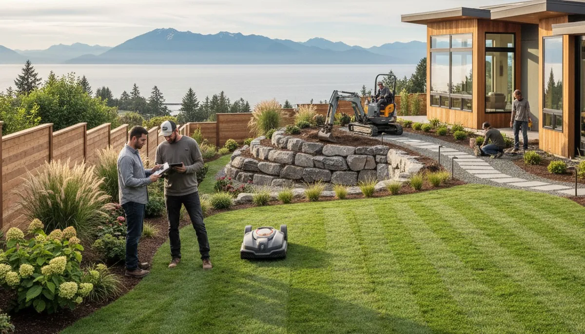 Seattle, WA landscaping team maintaining a residential yard with professional outdoor care services