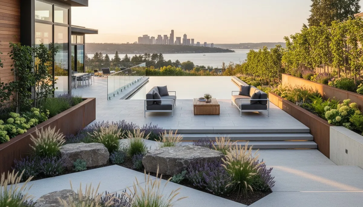 Seattle, WA landscaping service team maintaining a residential yard and garden beds
