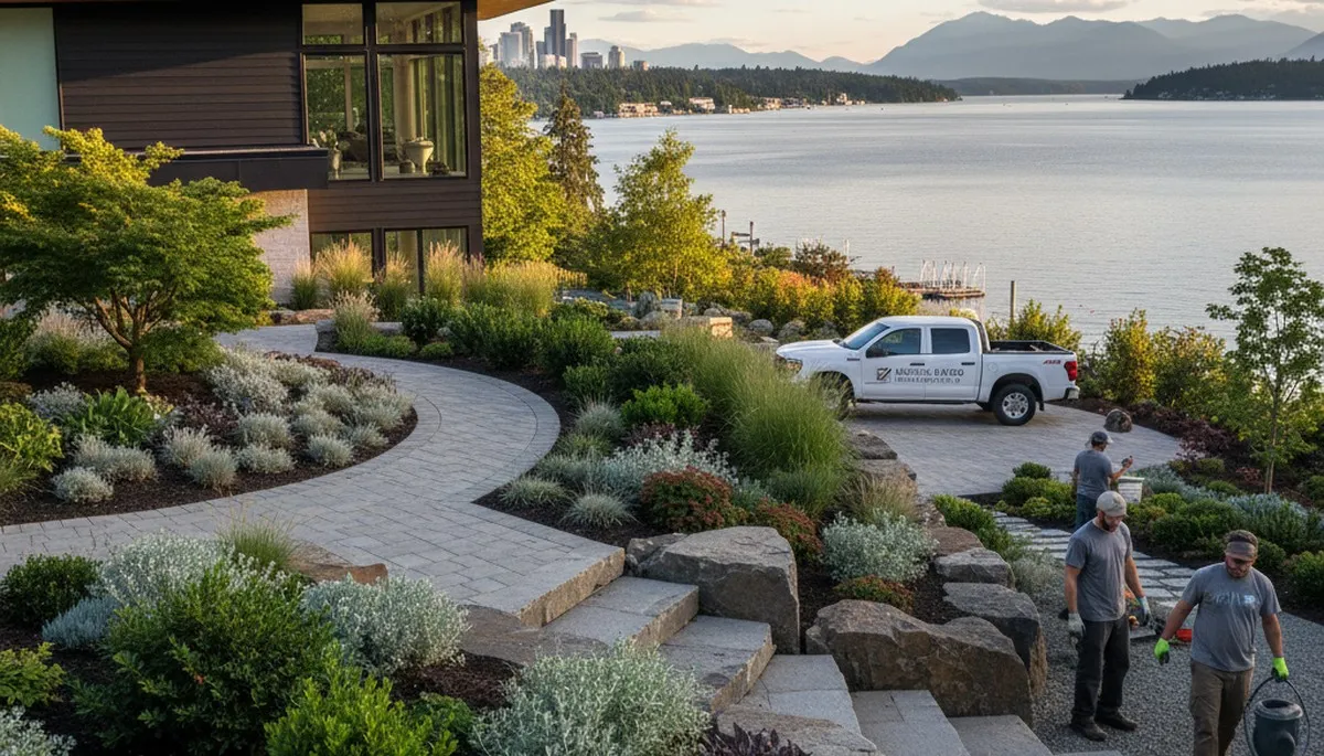 Seattle, WA landscaping service team maintaining a residential yard with professional outdoor care