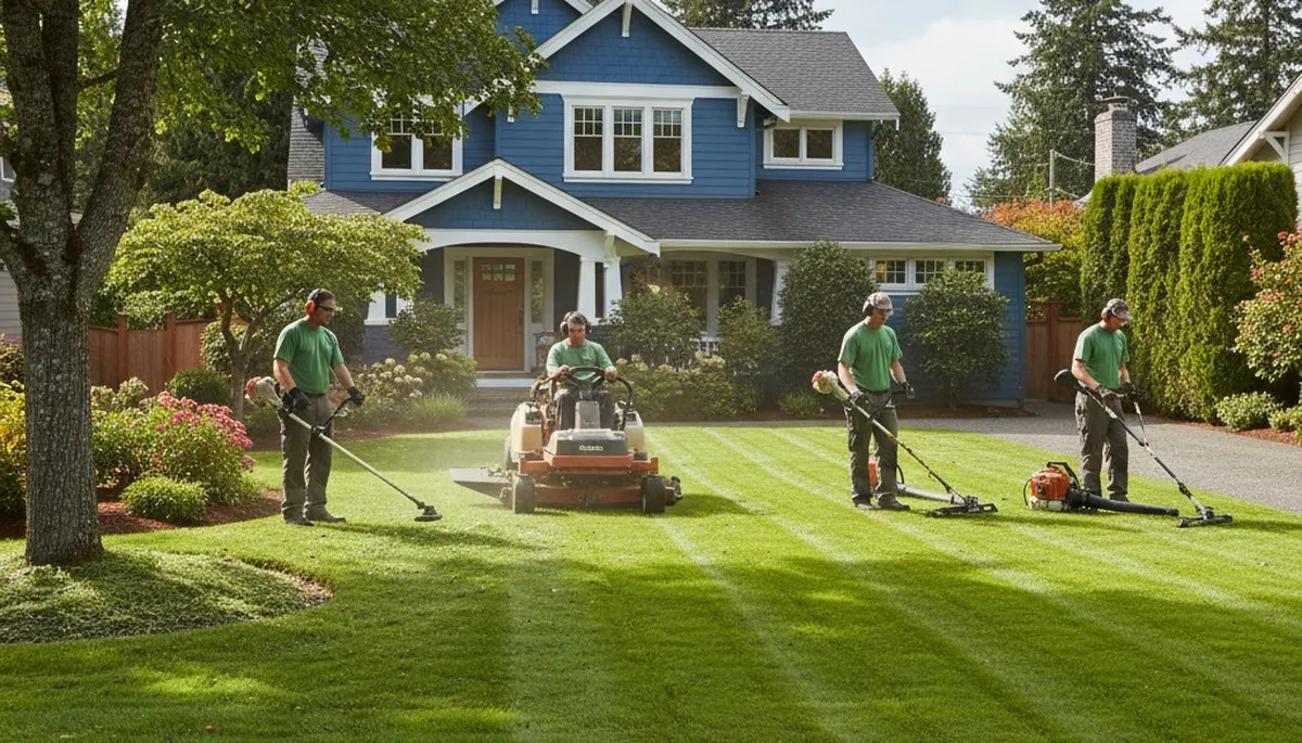 Seattle lawn care crew mowing, edging, and trimming a residential yard | Chop Chop Landscaping