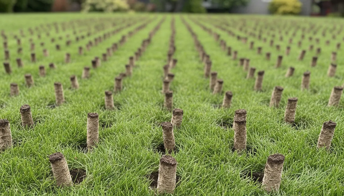 Close-up of soil core plugs after lawn aeration service in Seattle, WA by Chop Chop Landscaping